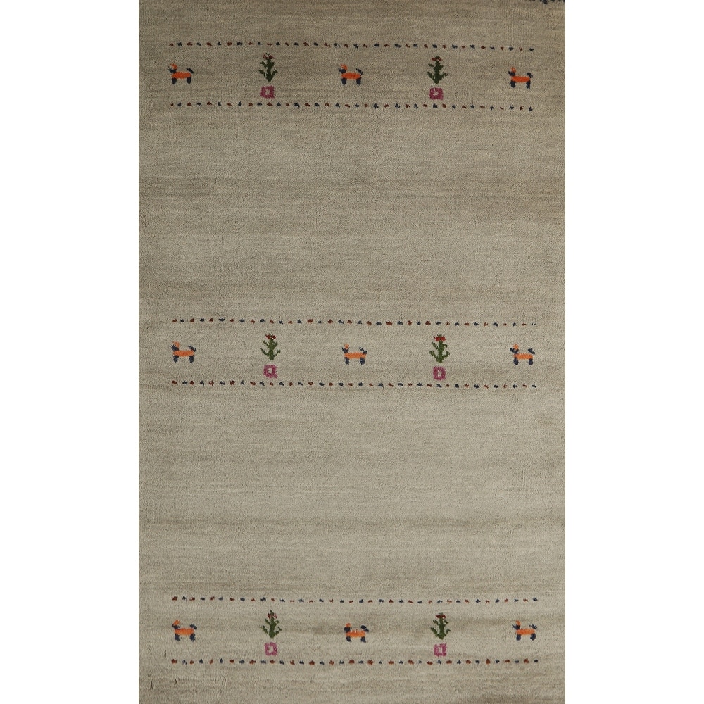 Hand Knotted Oriental 100% Wool Carpet Tribal Animal Pictorial Green Gabbeh Area Rug - 4' 11'' X 3' 1''