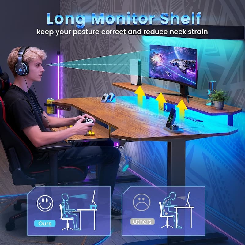55" Standing Gaming Desk Long Computer Desk Power Strip Keyboard Tray