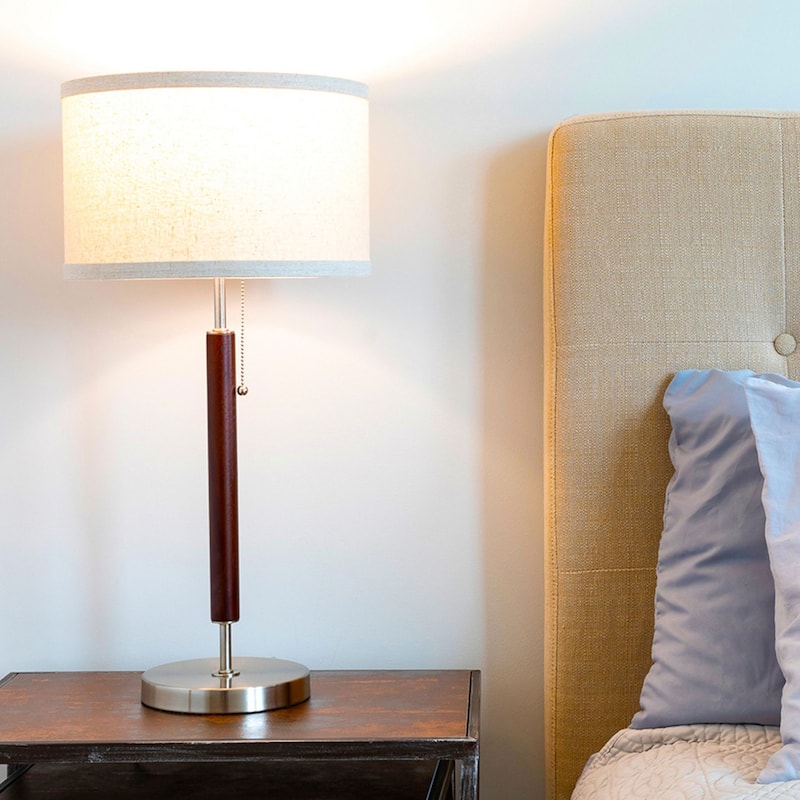 Brightech Carter 26 in. Walnut Brown Mid-Century Modern LED Standard Table Lamp with Beige Fabric Drum Shade (2-Pack)