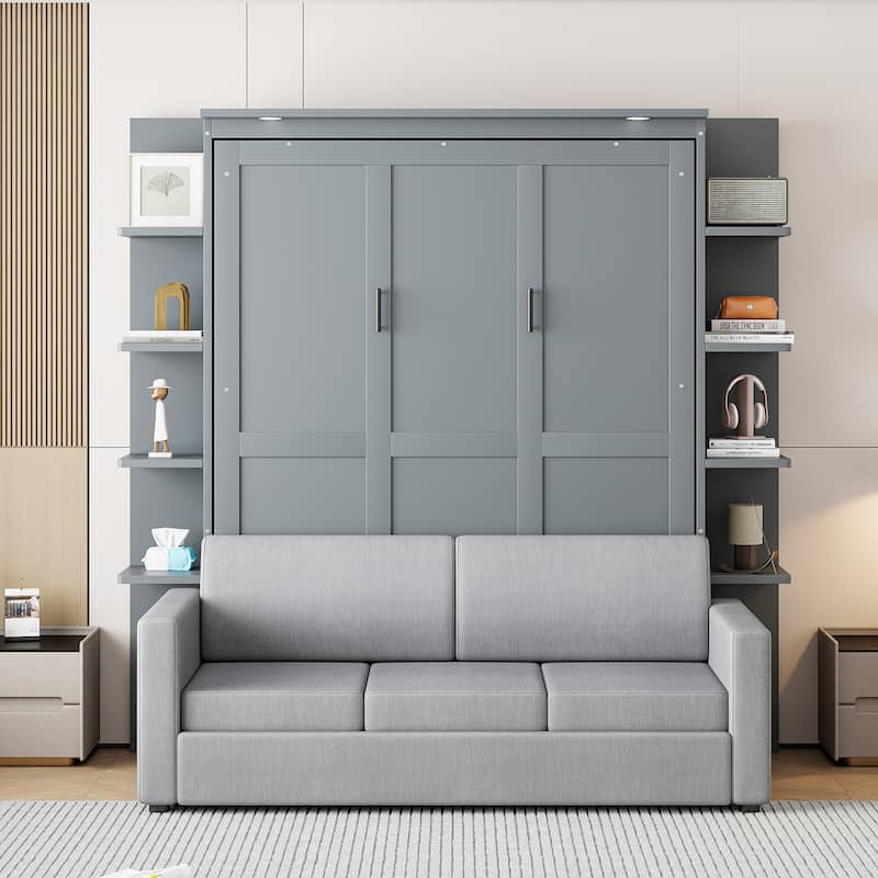 Queen Size Murphy Bed with Sofa, LED Lights & Shelves - Grey - Queen