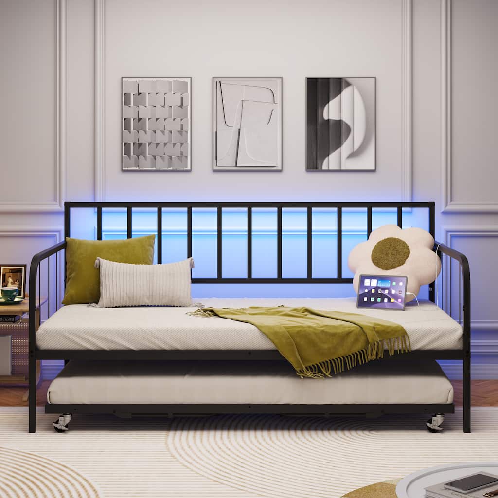 Twin Size Daybed with Lift Up Trundle, Heavy Duty Metal Sofa Bed Frame with LED Light