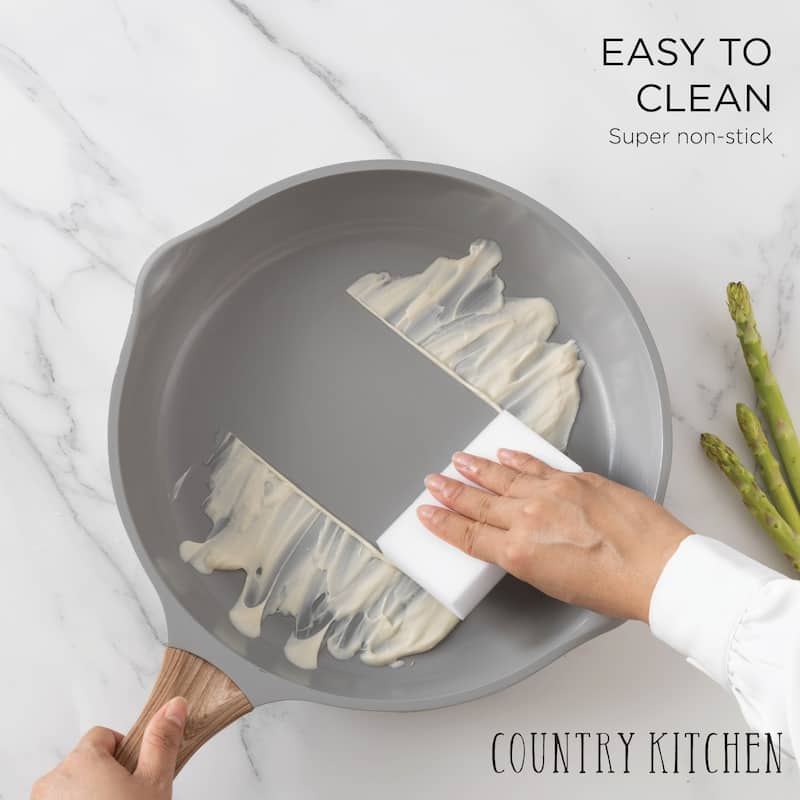 Country Kitchen 14 Piece Kitchen Cookware Set, Nonstick Cast Aluminum with Utensils, Sage
