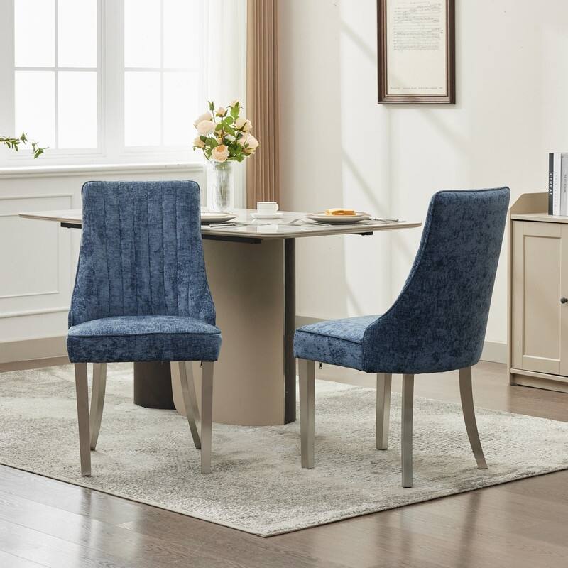 Set of 2 High-Back Upholstered Dining Chairs with Gold Metal Legs - Chenille Fabric Kitchen & Accent Chairs - Blue+Silver