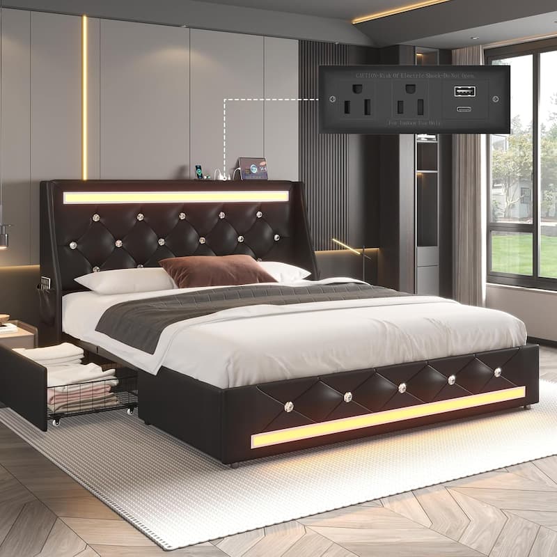 Upholstered Platform Bed Frame with Diamond Tufted Headboard, LED Lights & Charging Station