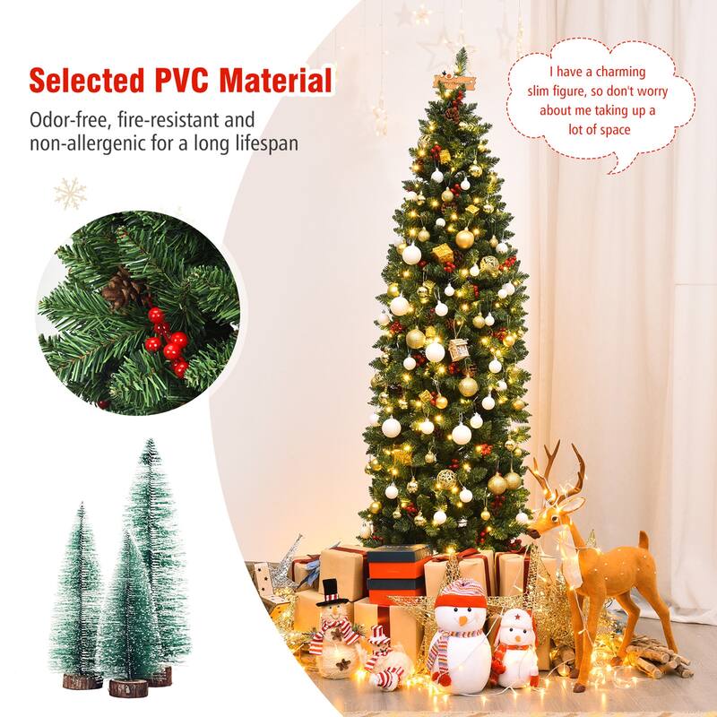 Gymax 6.5Ft Pre-Lit Pencil Christmas Tree Hinged Artificial Slim Tree - See Details