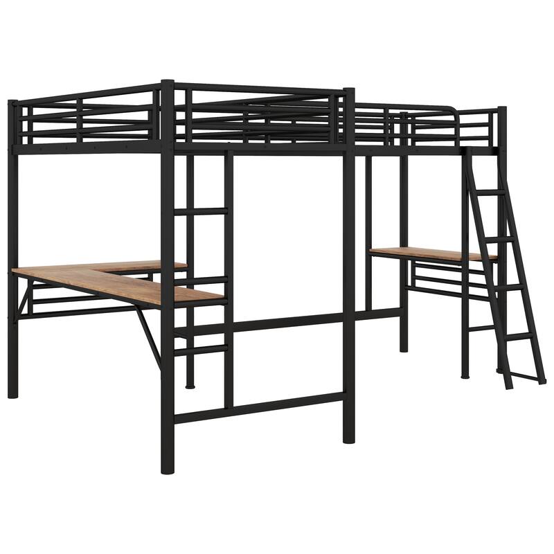 L-shape Metal Frame Loft Bed with Corner Desk and Workstation