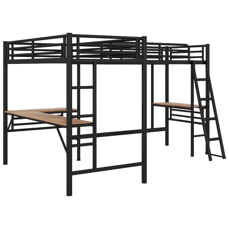 Twin Size L Shaped Loft Bed with 2 Desk, Heavy-Duty Steel Bed Frame with Safety Guardrails & 2 Ladders for Kids Teens Girls Boys