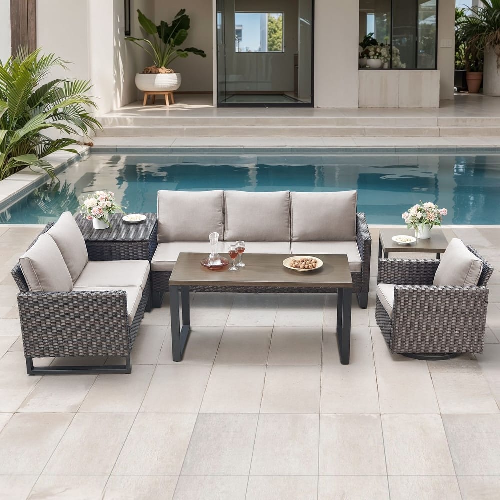 Gymojoy 6 Person Outdoor Patio Wicker Conversation Set Group With Swivel Chairs