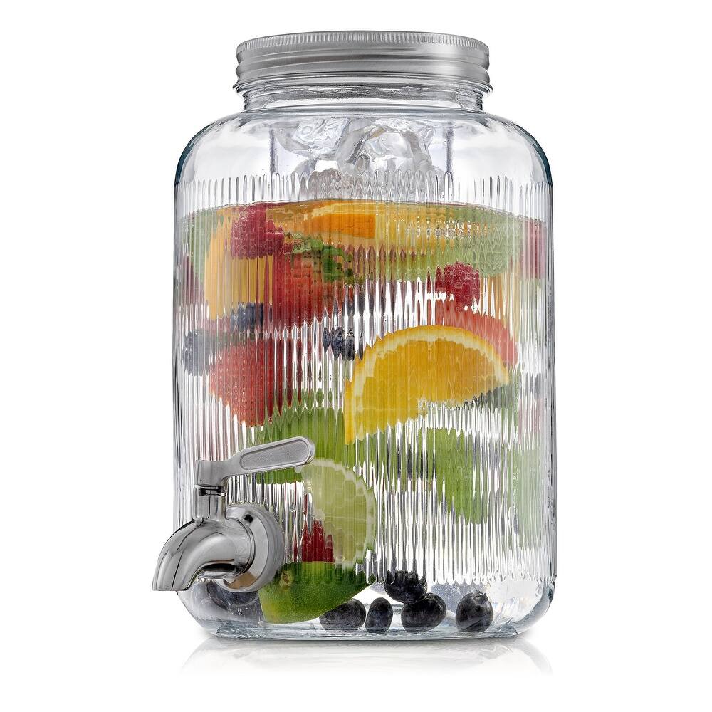 Glass Fluted Drink Dispenser with Spigot, Ice Infuser, & Fruit Infuser - 1 Gallon - 1 Gallon