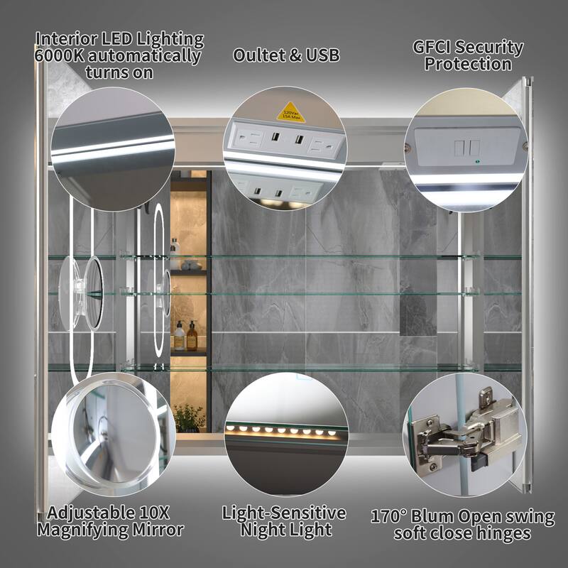 Modland Recessed Smart Mirror Cabinet 24-48x32" with Lights, Anti-Fog, Outlet & Magnifier - Adjustable Shelves