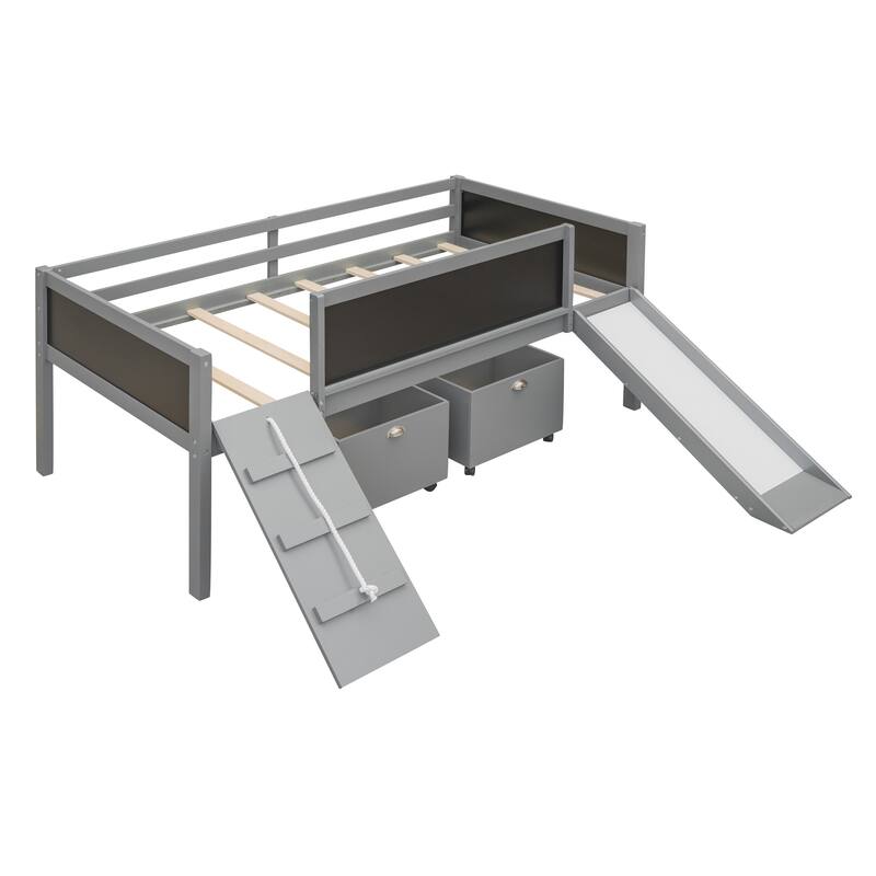 Twin size Loft Bed Wood Bed with Three Blackboards, Two Storage Boxes and A Slide, Three Colors Available