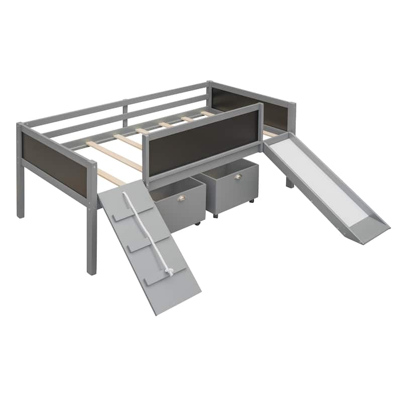 Twin size Loft bed Wood bed with Two Storage Boxes - Gray