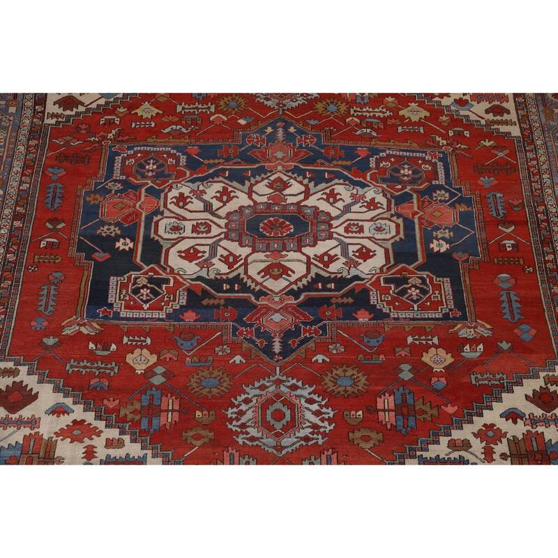 Pre-1900 Antique Heriz Serapi Persian Rug Handmade Wool Carpet - 11'0" x 12'10"