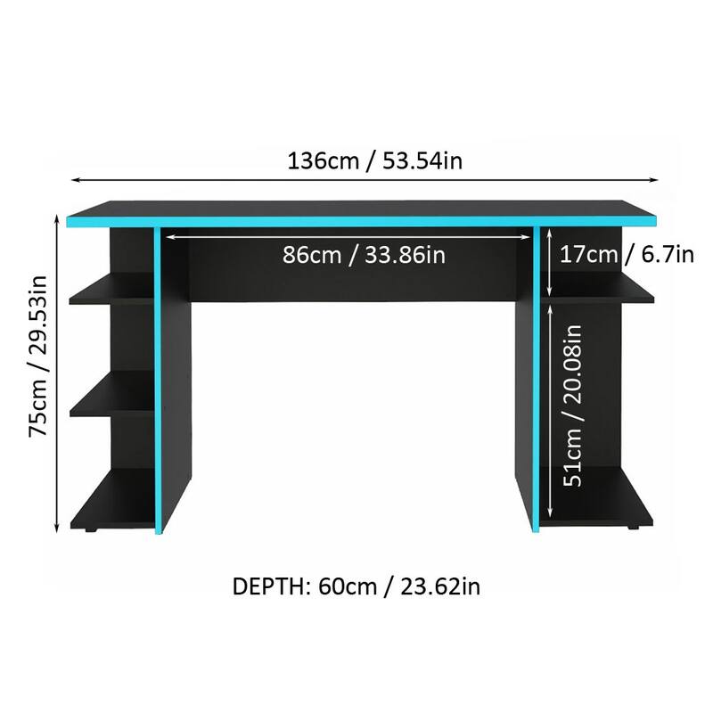 Madesa Large Modern Gaming Computer Desk 53 Inch with 5 Shelves Cable Management Student Study Home Office Gamer Desk
