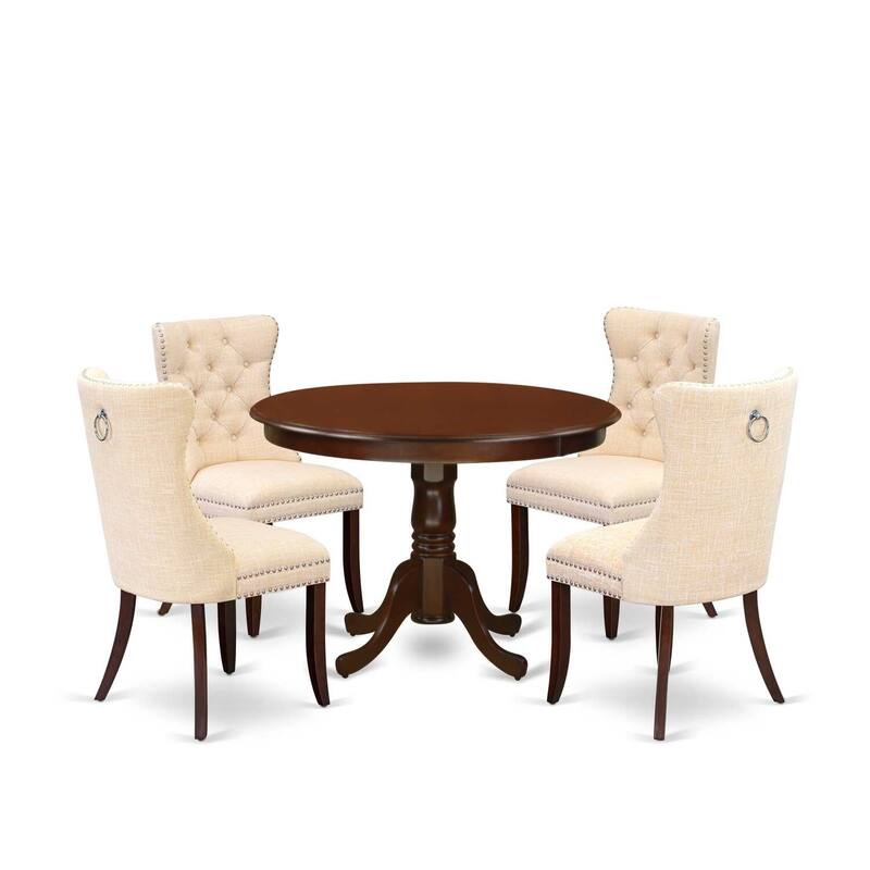 Round Kitchen Dining Table Set for 4 - Pedestal Table with 4 Dining Chairs, Mahogany Finish