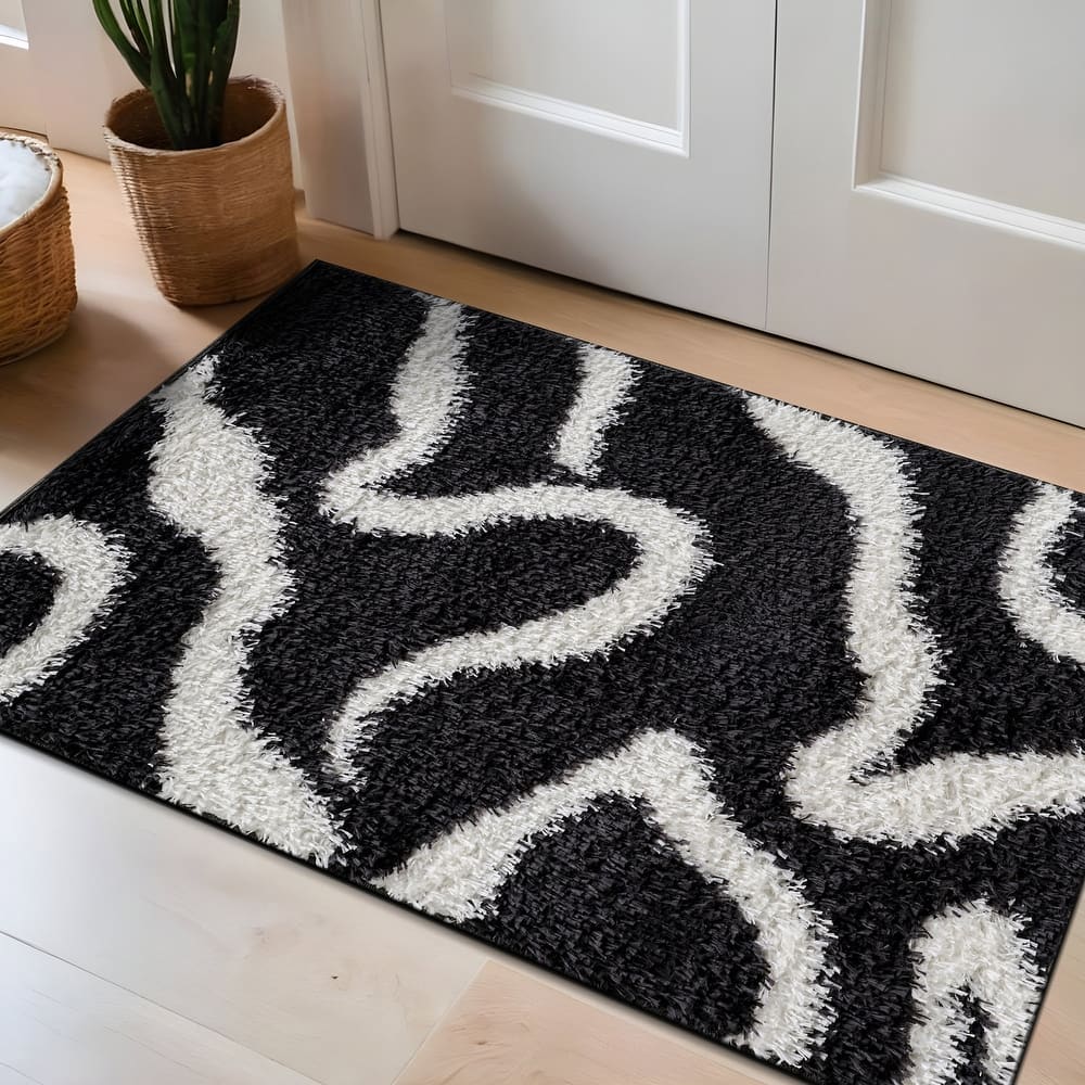 World Rug Gallery Striped Shag Area Rug – Dark Gray