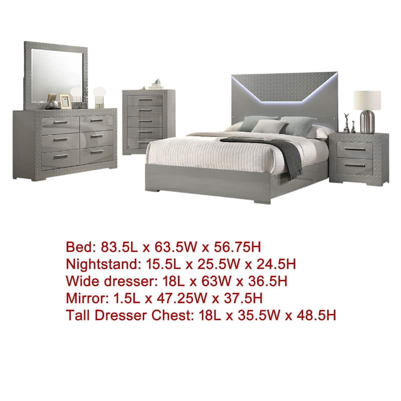 Ivon 5pc Queen Bedroom Set, Diamond Embossed, Gray High Gloss, LED