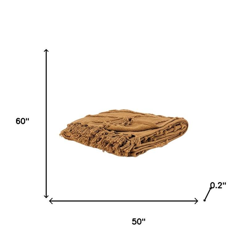 HomeRoots 50" X 60" Camel Cotton Floral Throw Blanket with Tassels And Fringe