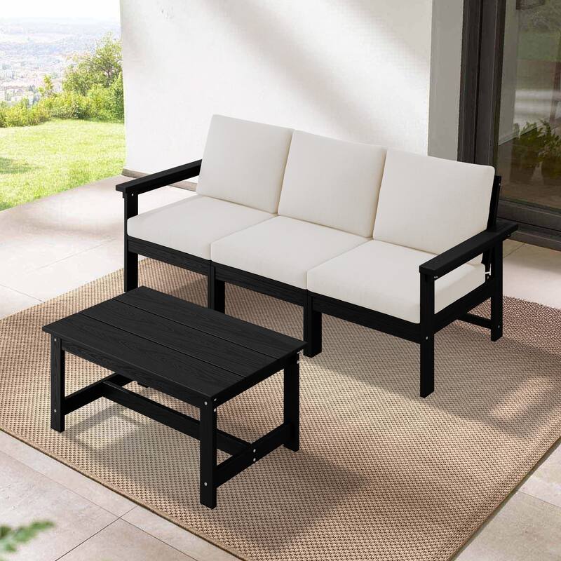 Outdoor Patio HDPE 3-Seat Sofa and Coffee Table Set, Removable Cushions Included