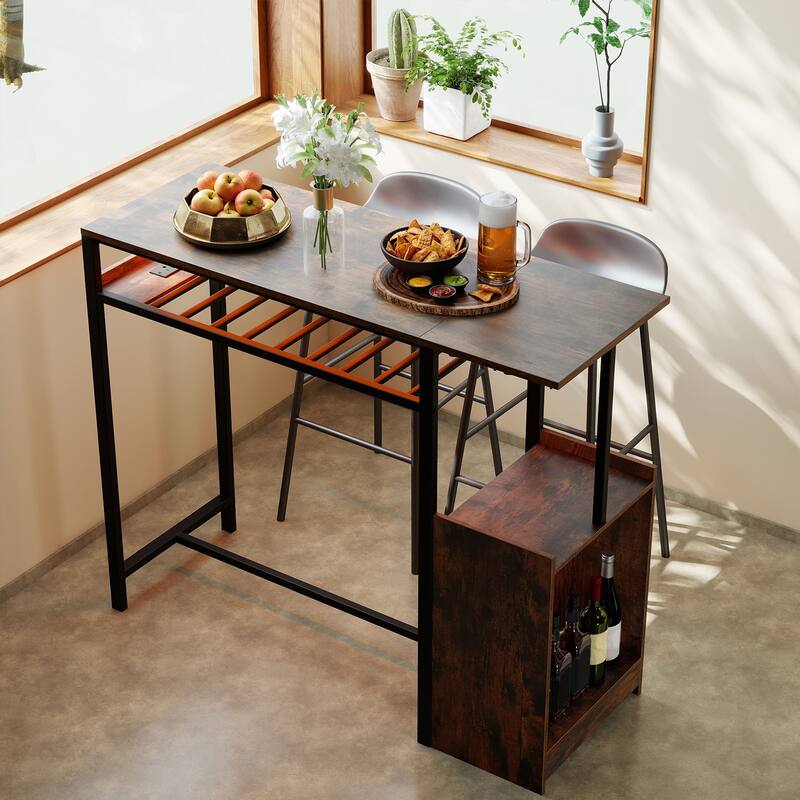 Gymax Rectangular Bar Table w/ Charging Station LED Light Wine Rack 2