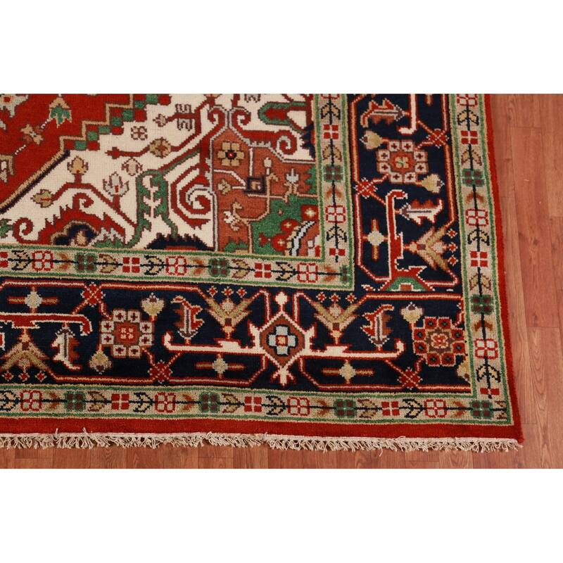 Geometric Medallion Heriz Serapi Area Rug Hand-Knotted Wool Carpet - 8'11"x 11'9"