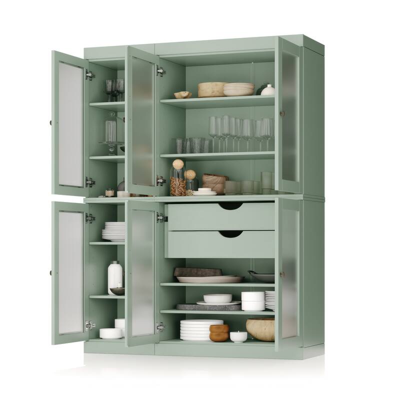 100% Solid Wood 48.5" Pantry Cabinet with Frosted Glass Doors and 2-Drawers