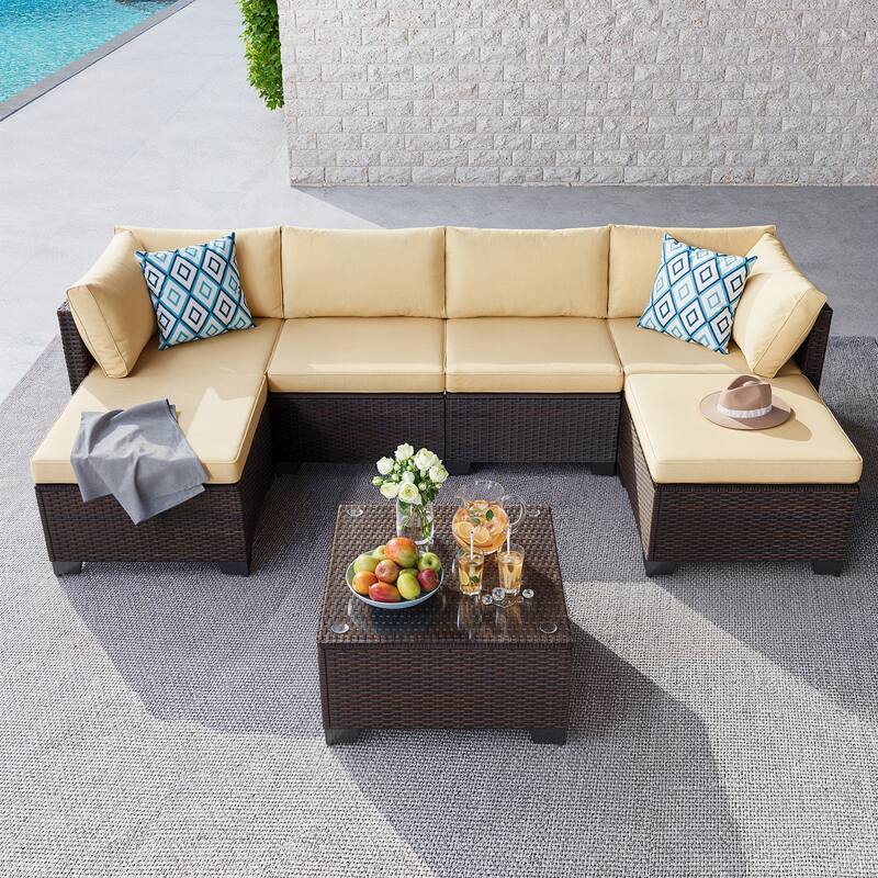 7 Piece Patio Furniture Set, All-Weather PE Rattan Outdoor Conversation Sofa Set with Waterproof Cushions & Coffee Table
