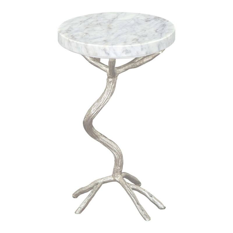 22" Modern Round Silver and White Marble Top Side End Table with Tree Stump Base for Living Room - 12”L x 12”W x 22”H