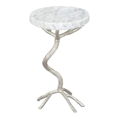 22" Modern Round Silver and White Marble Top Side End Table with Tree Stump Base for Living Room - 12”L x 12”W x 22”H