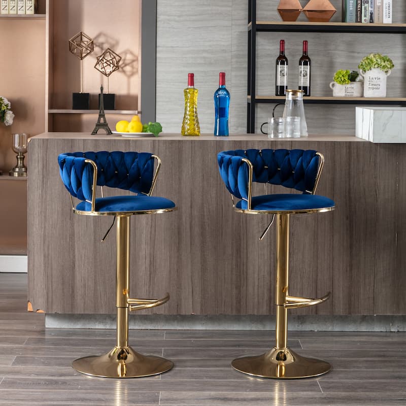 Set of 2 Adjustable Swivel Bar Stools, Blue Velvet with Chrome Footrest & Gold Legs