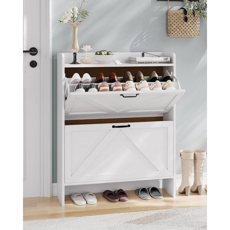 Freestanding Slim Shoe Storage Cabinet with 2 Flip Drawers for Entryway Hallway - White