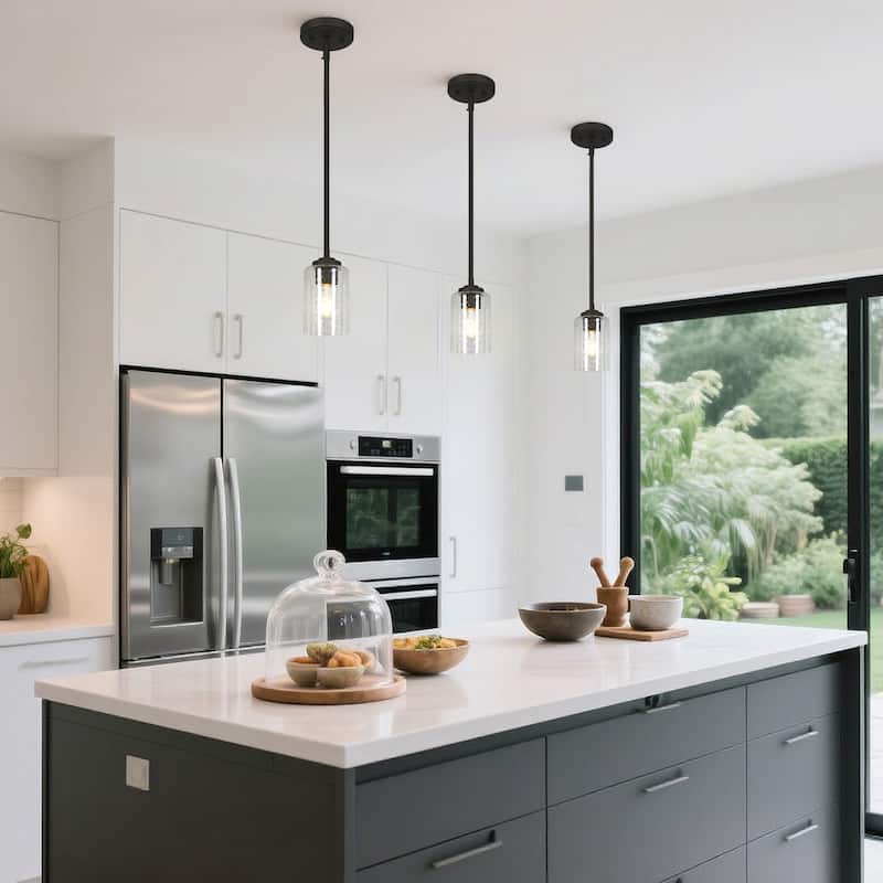 Modern Industrial 1-Light Black Pendant Seeded Glass Island Light for Dining Room Commercial - D3.9" x H7.2"