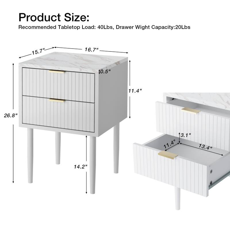 Nightstands Set of 2 with Gold Handles Imitation Marble Top Accent End Table Side Table for Bedroom Living Room