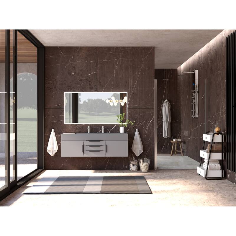 Nile 60" Wall Mounted Bathroom Vanity Set with Gray Solid Surface Top