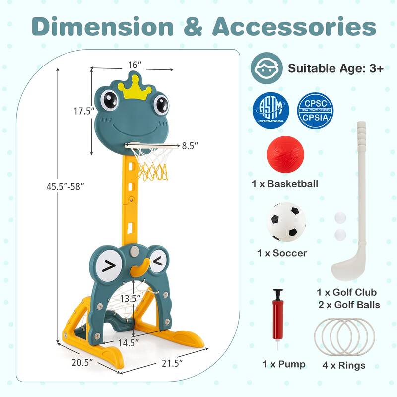 Green HDPE 4-in-1 Kids Sports Center with Adjustable Basketball Hoop and Toys - 21.5" L x 20.5" W x 44.5"-58" H