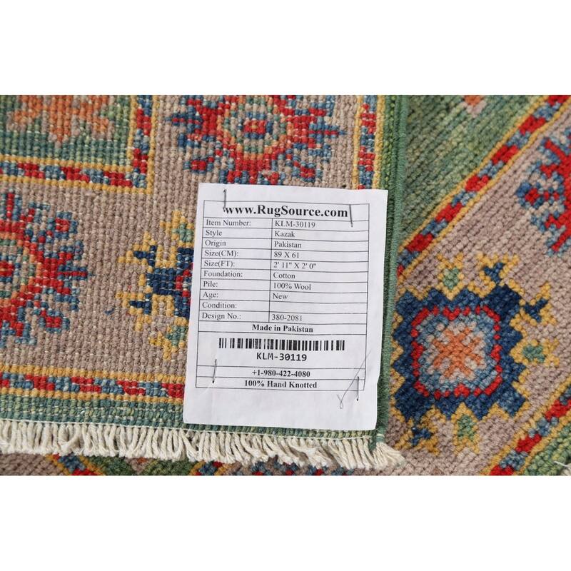 Green Geometric Kazak Accent Rug Hand-Knotted Wool Carpet - 2'0"x 2'11"