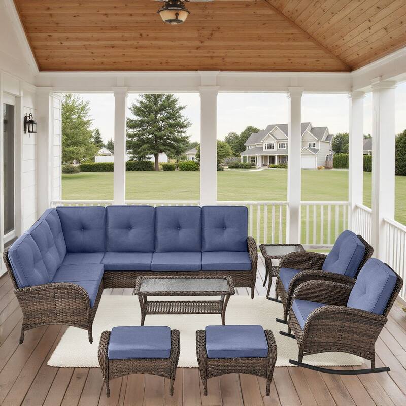 Outdoor Sectional Sofa Rocker Chair Table Ottomans - Brown - Blue
