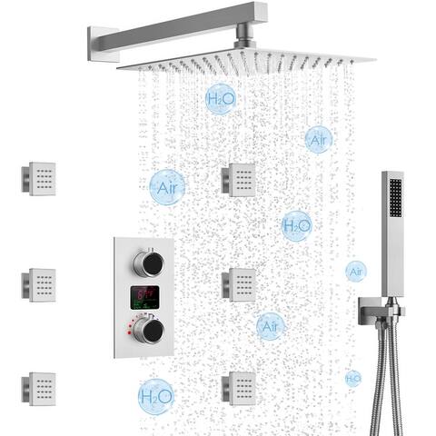 12"Ceiling Rainfall Shower 3 Way Thermostatic Faucet System w/6 Jets