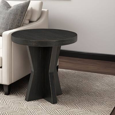 Dani Round Side End Table, Geometric Design, 24 Inch Black Rustic Oak