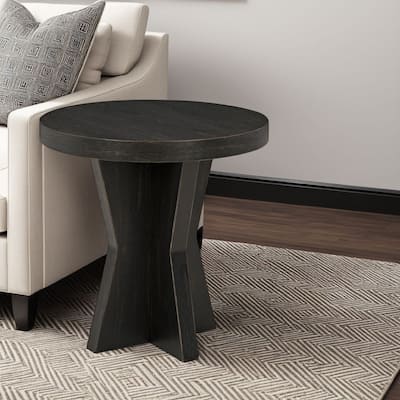 Dani Round Side End Table, Geometric Design, 24 Inch Black Rustic Oak