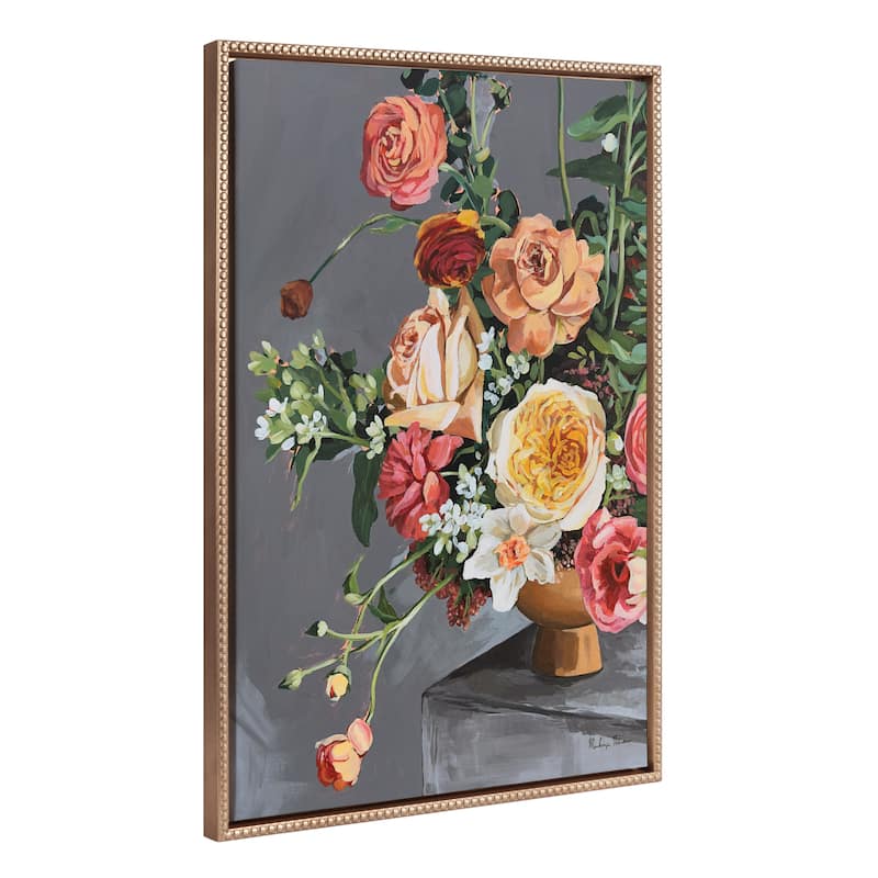 Kate and Laurel Sylvie Beaded Floral Emergence Framed Canvas by Mackenzie Nelson - 23x33 - Gold