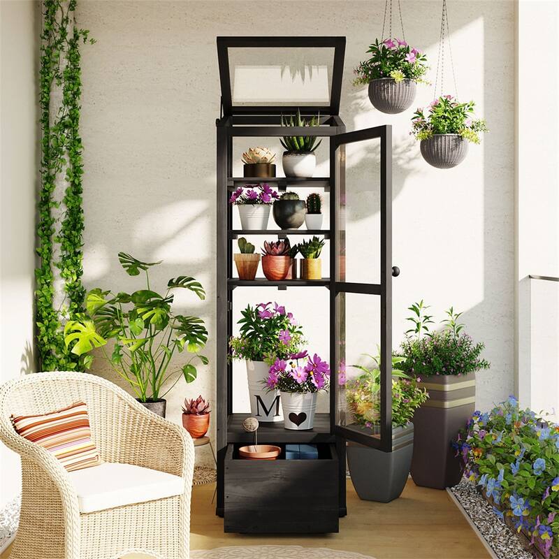62.4'' H Wood Garden Balcony Portable Greenhouse Mini Cold Frame - Black