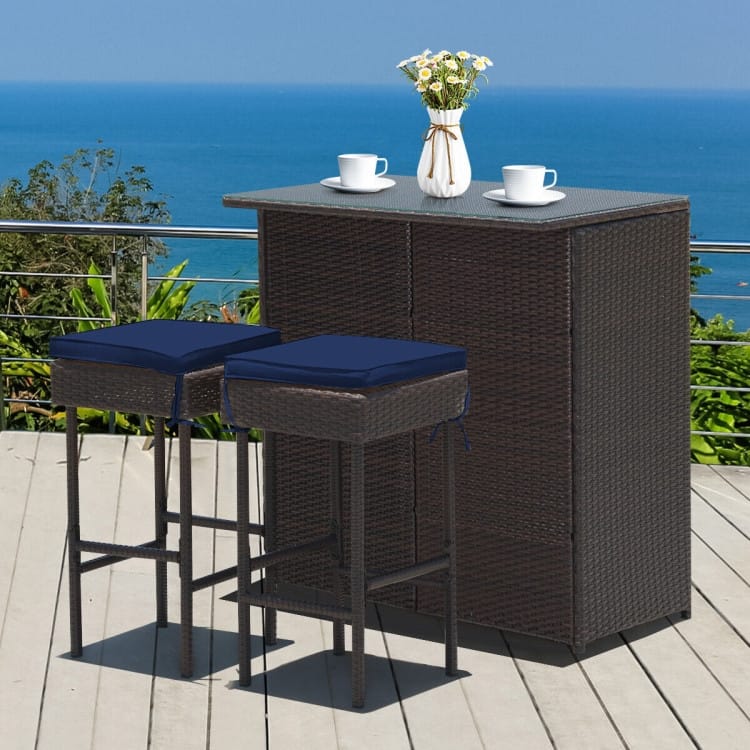 3-Piece Patio Rattan Wicker Bar Set with 2 Cushioned Stools for Outdoor Entertaining - 40" x 24" x 41.5" (L x W x H)