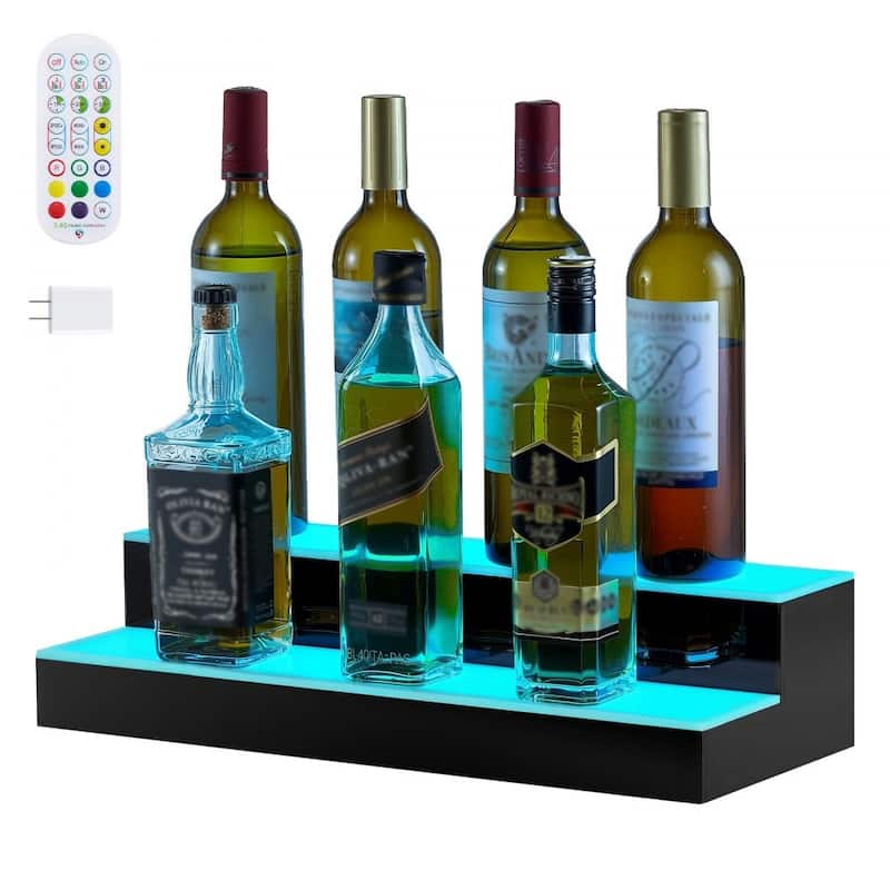 Multi-Color Acrylic LED 2-Tier Wine Bottle Shelf with Remote Control - 20 x 7.9 x 4.5 inch