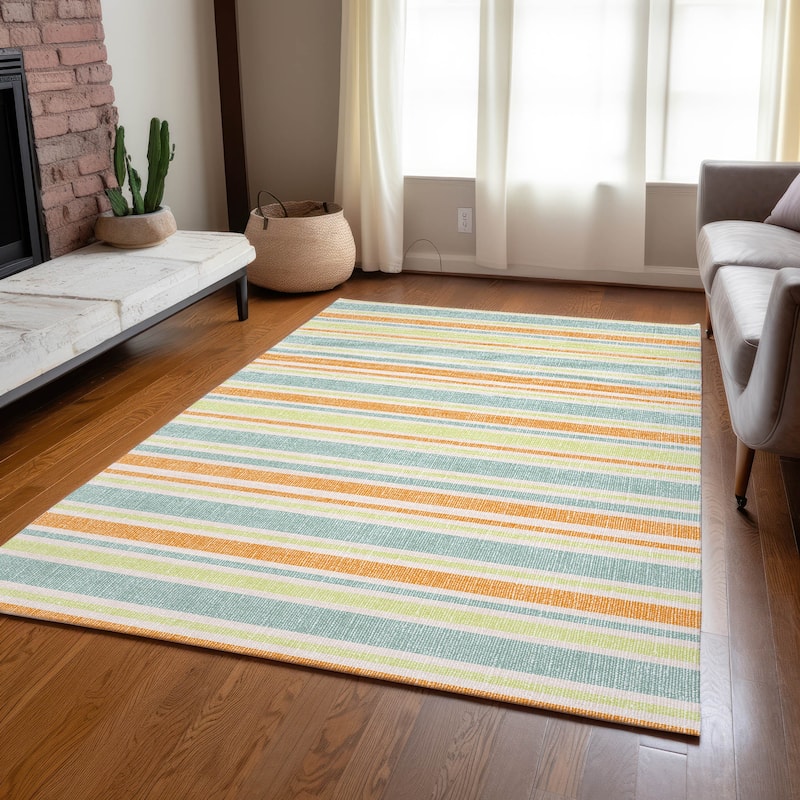 Machine Washable Indoor/ Outdoor Thin Cabana Stripe Chantille Rug