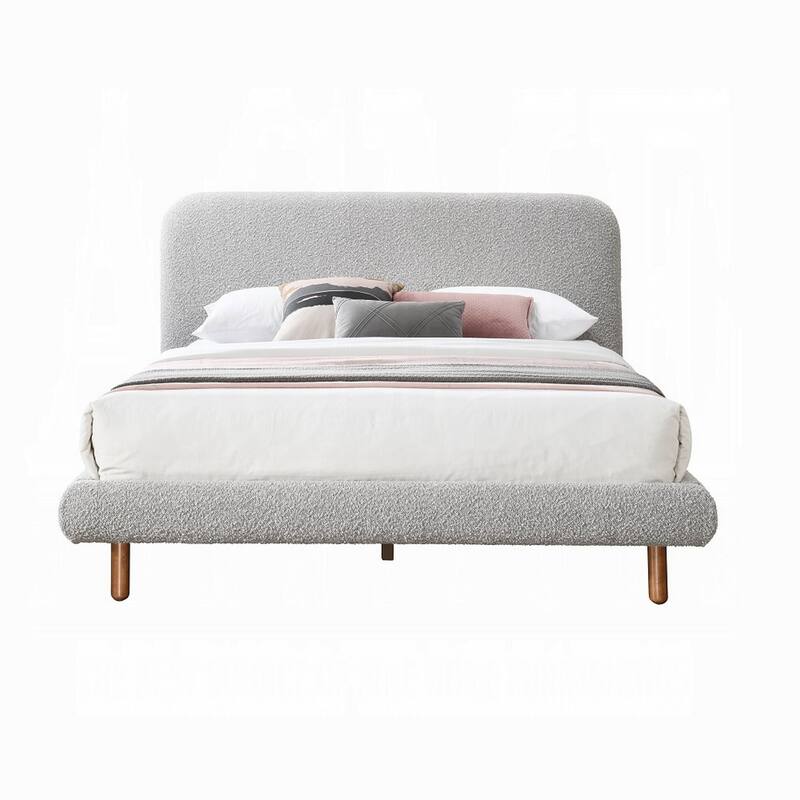 Damazy Queen Bed, Curved Edges, Gray Boucle Upholstery, Brown Wood