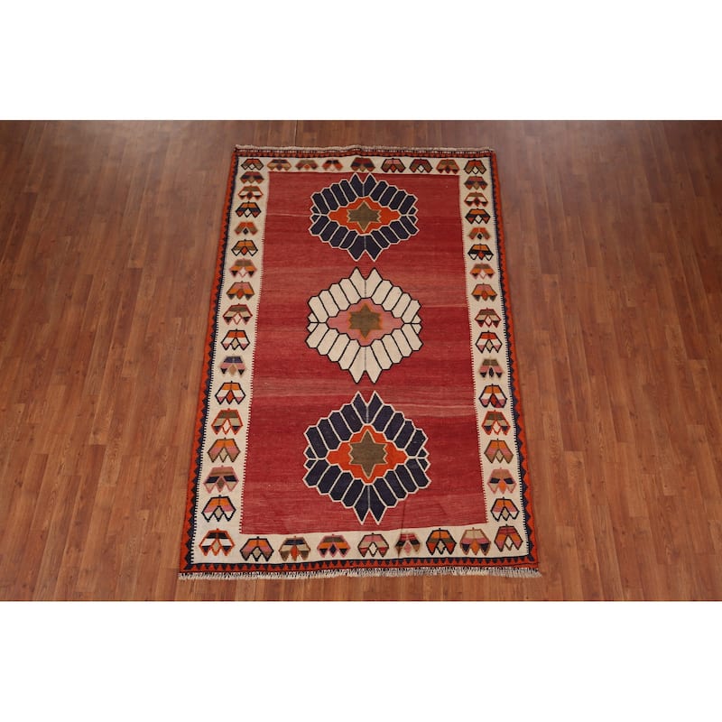Kilim Qashqai Persian Vintage Rug Flatweave Red Tribal Wool Carpet - 5'2"x 8'0"