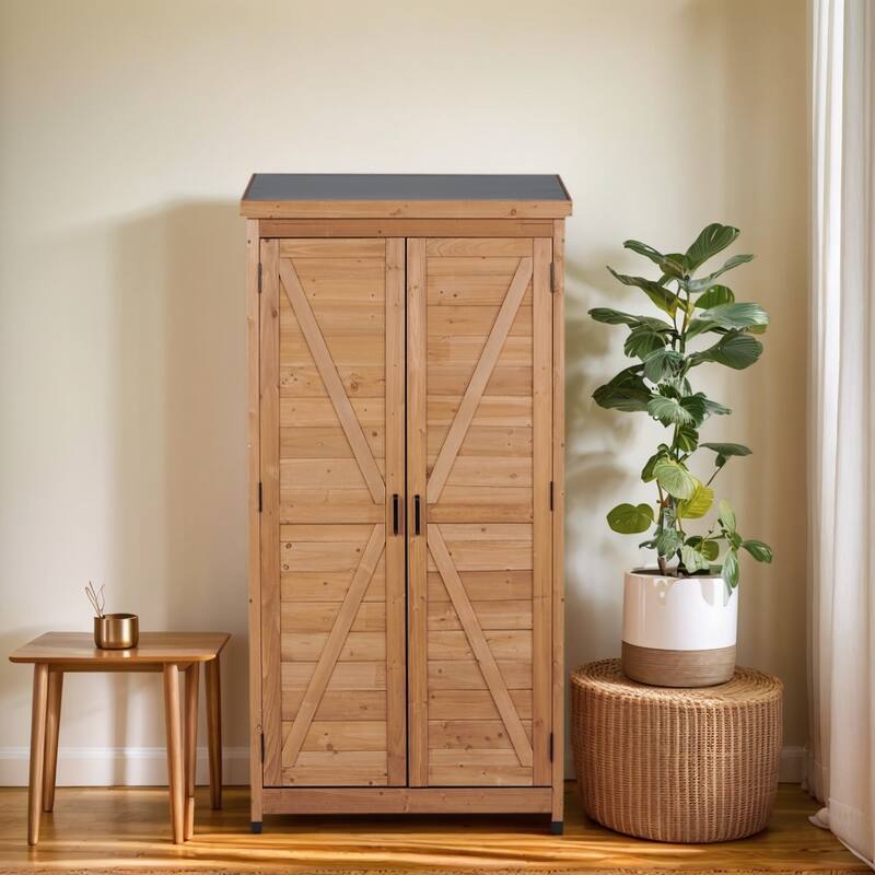 Outdoor Wooden Storage Shed with Waterproof Roof, Removable Shelves, Outside Tool Cabinet for Patio, Garden