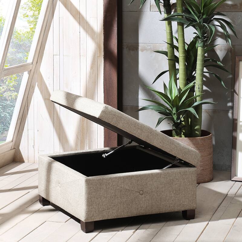 Sand Button-Tufted Upholstered Storage Ottoman - Sand - Medium