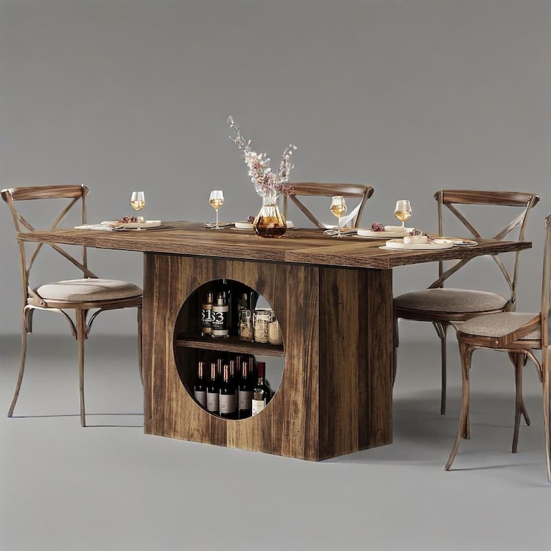 Brown Rectangular Dining Table with 2 Tier Storage Seats 4 to 6 Modern Wood Dining Table for Home - 62.2" x 31.1" x 29.53"